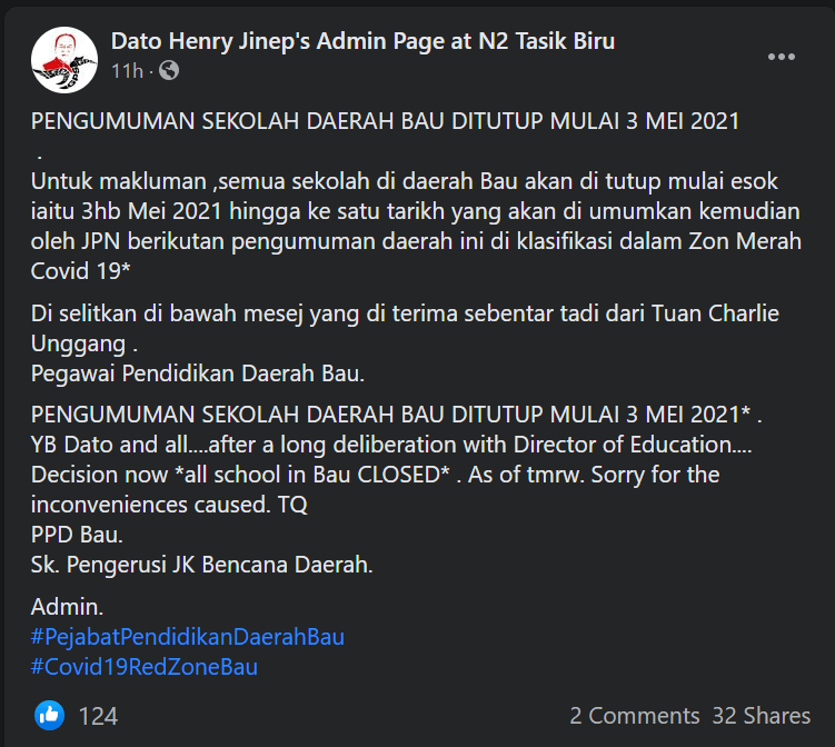 Semua Sekolah Di Bau Diarahkan Tutup Bermula Hari Ini Sehingga Diberitahu Kelak - JPN