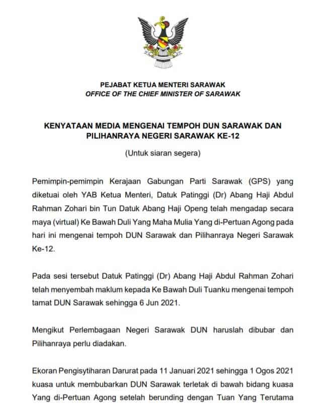 Kerajaan Sarawak Kekal Berfungsi, Keputusan Bubar DUN Tertakluk Kepada YDP Agong Dan TYT