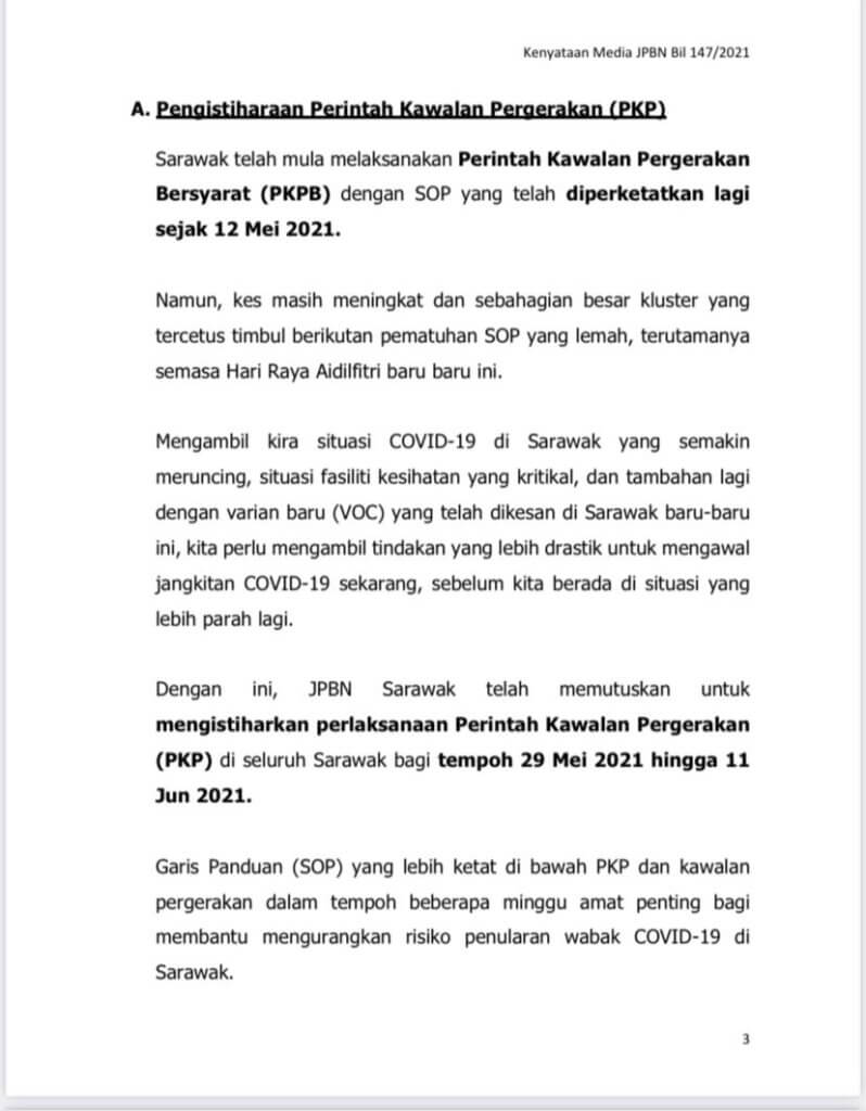 WhatsApp Image 2021 05 27 at 5.35.56 PM TERKINI : Seluruh Sarawak Dikenakan PKP Berkuatkuasa Mulai 29 Mei 2021