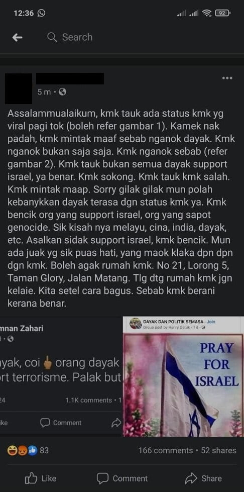 Kecam Dayak Kerana Dakwa Sokong Israel, Seorang Lelaki Di Kuching Diheret Ke Balai Polis