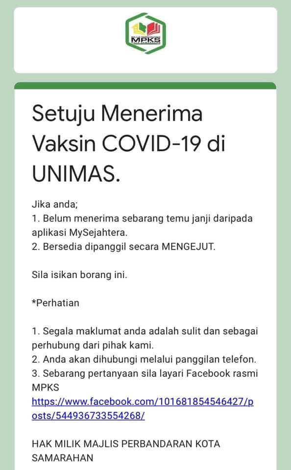 Google Form Vaksin COVID-19 Edaran Majlis Perbandaran Kota Samarahan Dihentikan Serta Merta