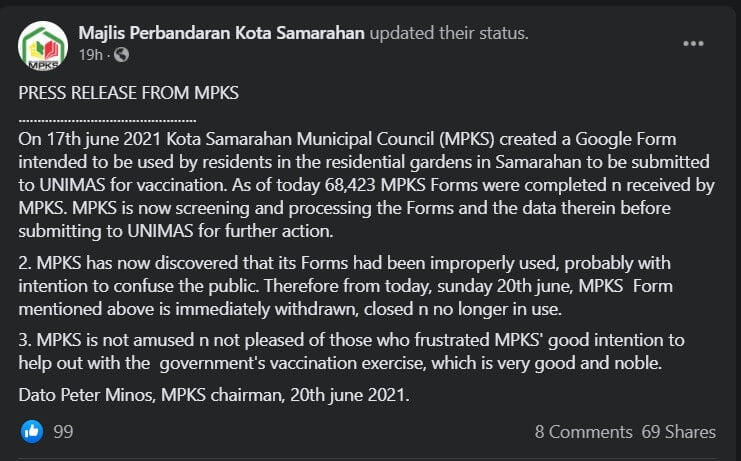 Google Form Vaksin COVID-19 Edaran Majlis Perbandaran Kota Samarahan Dihentikan Serta Merta