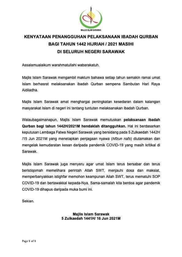 Ibadah Korban Ditangguhkan Sempena Sambutan Aidiladha Tahun Ini Di Sarawak
