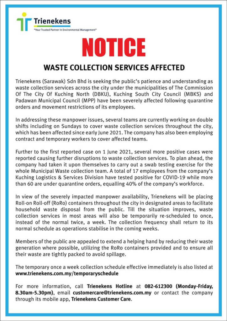 Seramai 17 Kakitangan Positif COVID-19, Perkhidmatan Kumpul Sampah Di Kuching Terjejas 