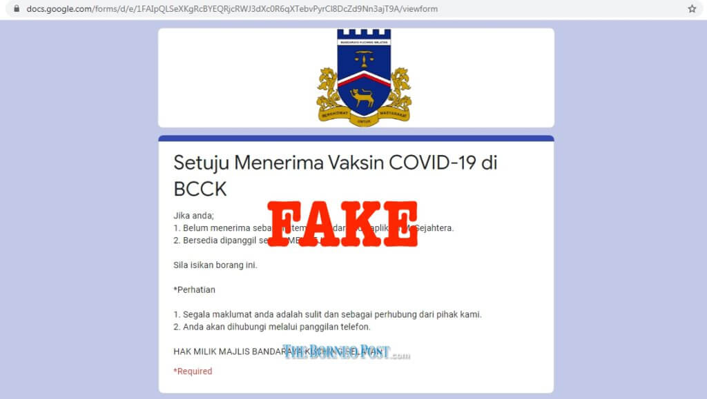 Google Form Vaksin COVID-19 Edaran Majlis Perbandaran Kota Samarahan Dihentikan Serta Merta