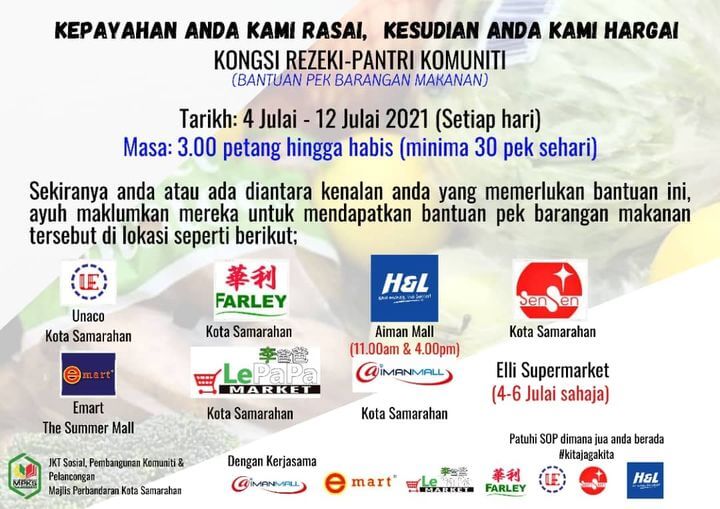 8 Pasaraya Di Samarahan Sedia Hulur Bantuan Pek Barangan Makanan Setiap Hari Sehingga 12 Julai Ini