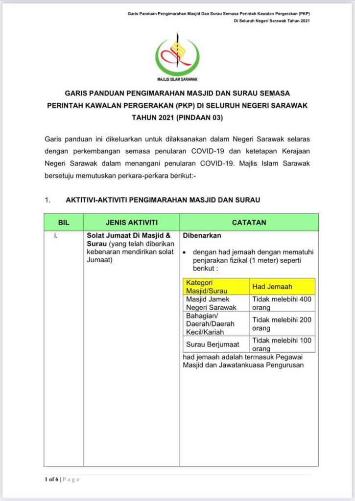 Solat Jumaat Di Masjid Jamek Sarawak Kini Dibenarkan Sehingga 400 Orang, Ini Garis Panduan Terbaharu