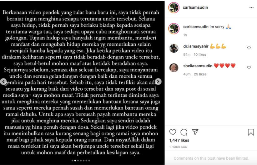 Tular Isu Biadap Terhadap Orang Tua Gelandangan, Carl Samsudin Buat Permohonan Maaf Kepada Satu Malaysia