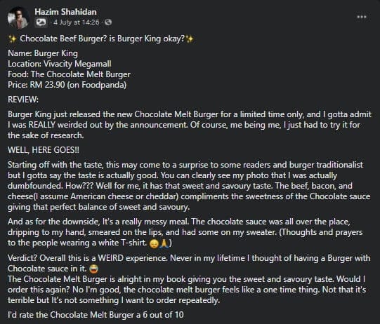 Sedap Ke? Ini Review Jujur Kami Tentang Burger Sos Coklat Viral Burger King