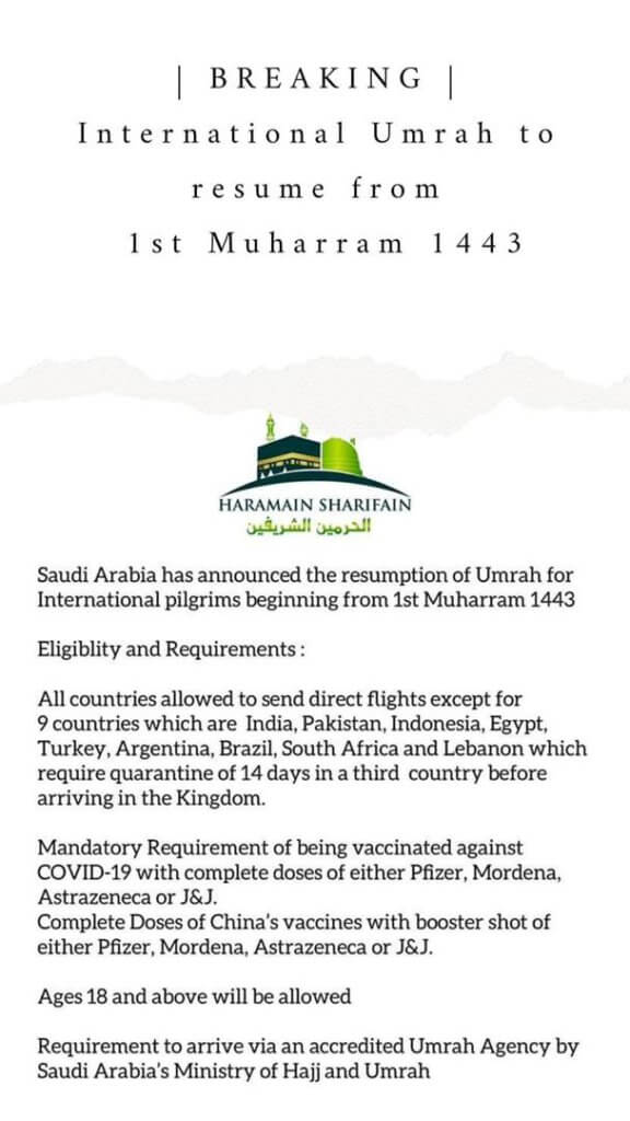 Arab Saudi Umum Jemaah Antarabangsa Dibenarkan Tunaikan Umrah Mulai 10 Ogos Ini