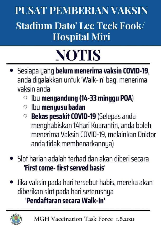 Dapatkan Segera! Ini Jadual Pemberian Vaksin Secara Walk-In Di PPV Seluruh Sarawak