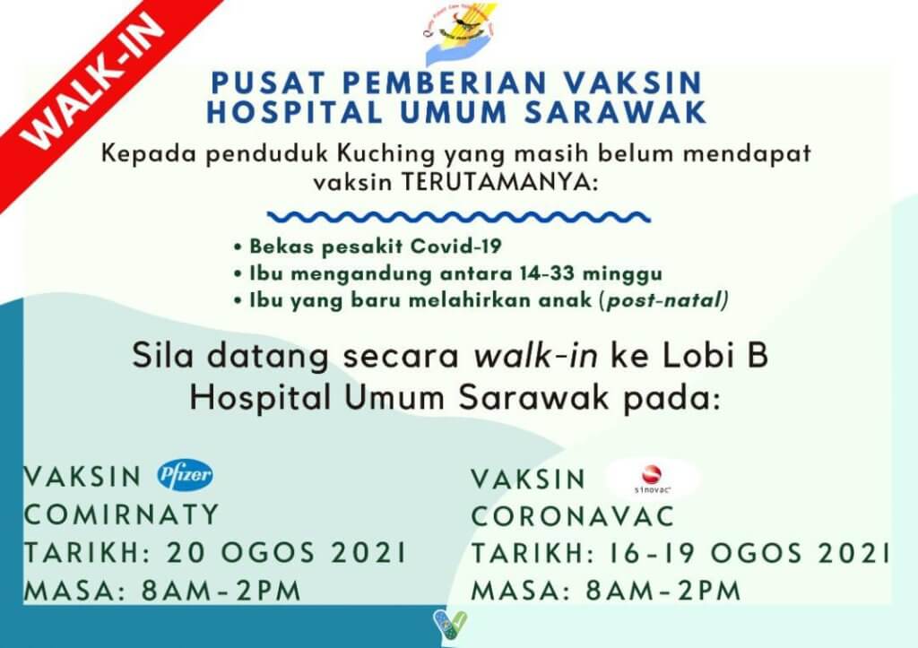 Dapatkan Segera! Ini Jadual Pemberian Vaksin Secara Walk-In Di PPV Seluruh Sarawak