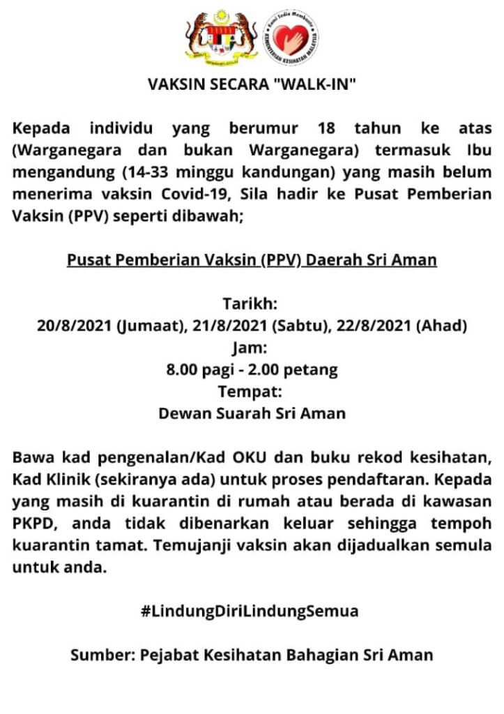 Dapatkan Segera! Ini Jadual Pemberian Vaksin Secara Walk-In Di PPV Seluruh Sarawak