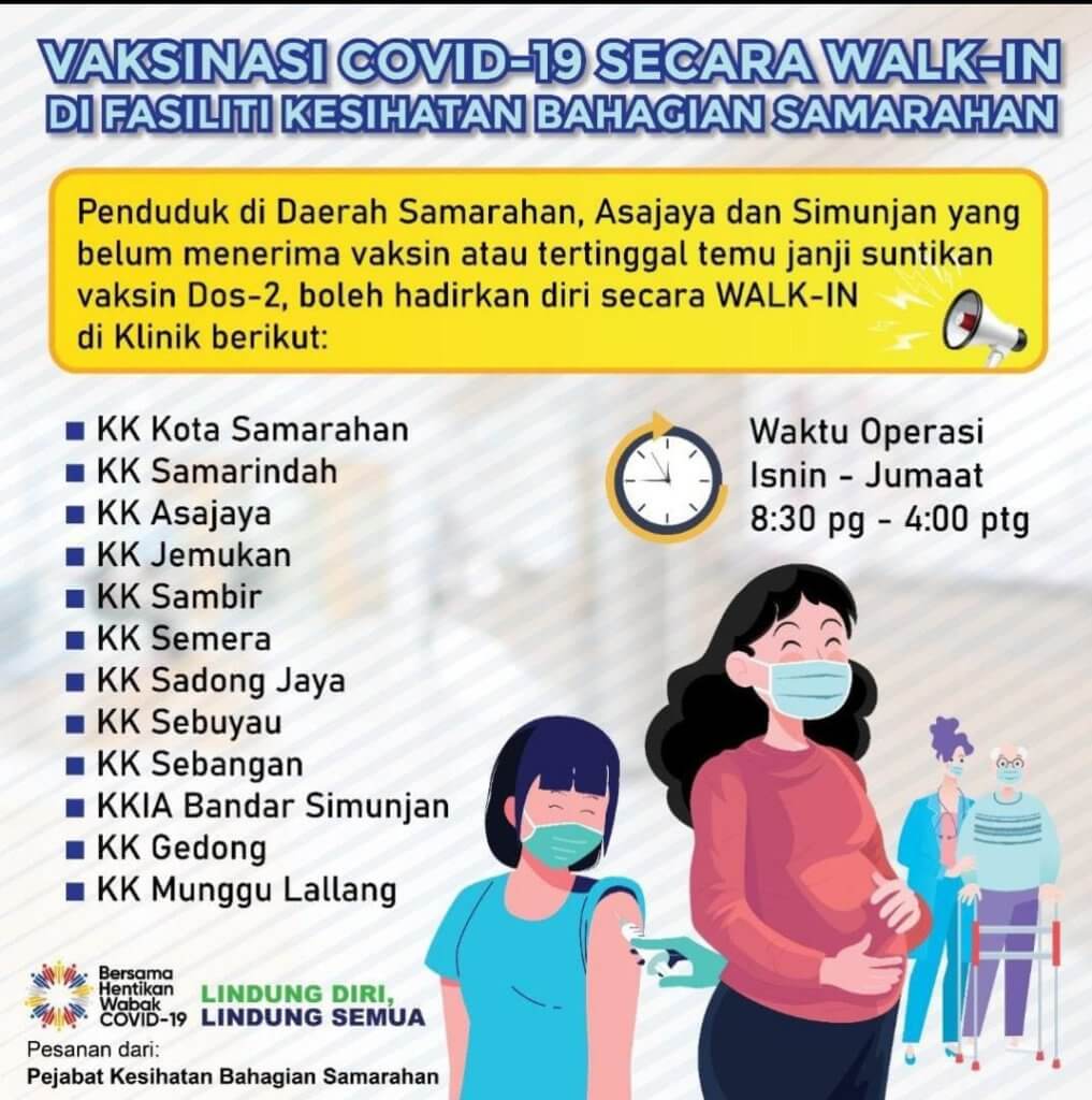 Dapatkan Segera! Ini Jadual Pemberian Vaksin Secara Walk-In Di PPV Seluruh Sarawak