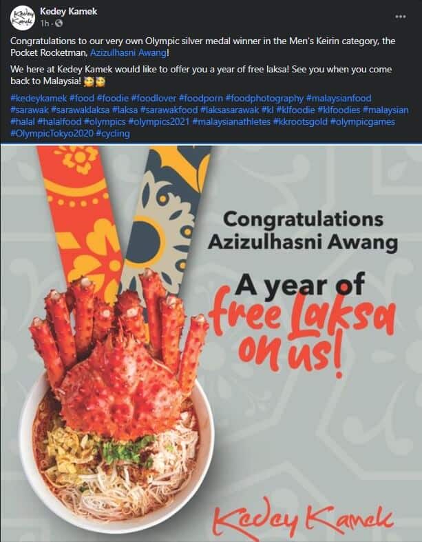 Menang Perak Olimpik, Restoran Ini Tawarkan Laksa Sarawak Percuma Selama Setahun Buat Datuk Azizulhasni