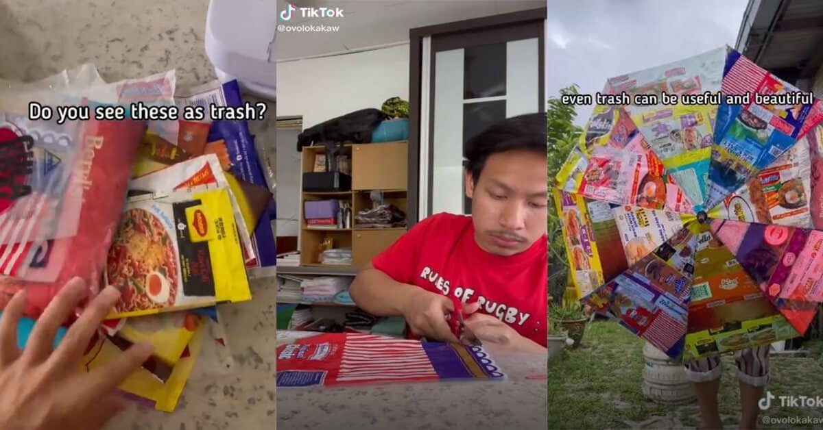 Macam-Macam Brand Ada! Netizen Kagum Dengan Lelaki Ini Yang Buat Payung Daripada Pembungkus Makanan