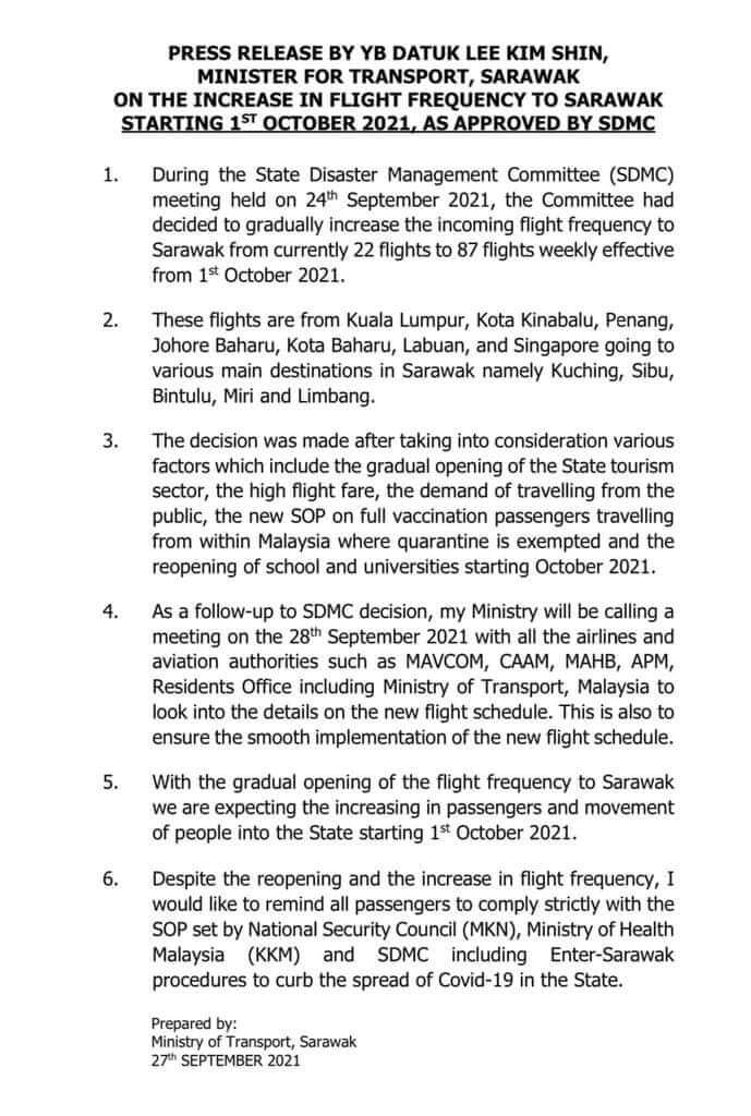 Penerbangan Masuk Ke Sarawak Akan Ditambah Secara Berperingkat Mulai 1 Oktober 2021