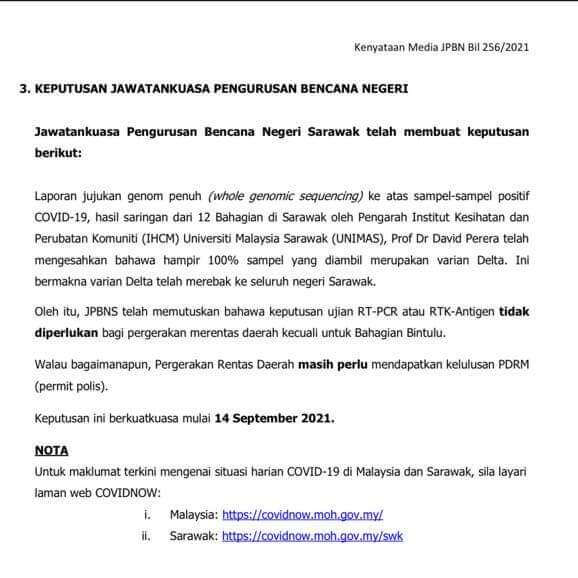 TERKINI : Tidak Perlu Ujian RT-PCR Atau RTK Untuk Ke Daerah Lain Di Sarawak Kecuali Bintulu