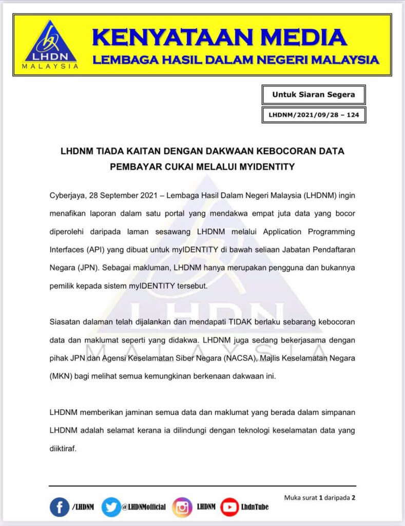 KEMASKINI: LHDN Nafi Terdapat Kebocoran Data Peribadi 4 Juta Warga Malaysia
