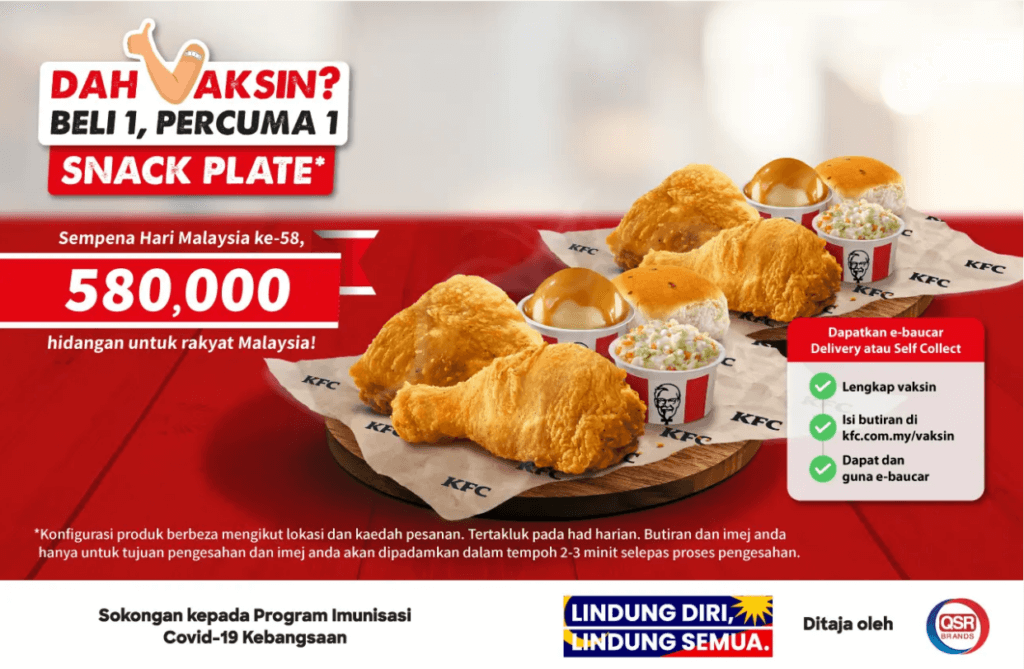 Individu Lengkap 2 Dos Vaksin Layak Tebus E-Baucar Beli 1 Percuma 1 KFC Dan Pizza Hut