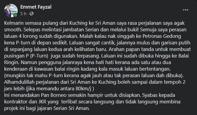 Lihat Keadaan Terkini Lebuh Raya Pan Borneo Serian-Sri Aman, Makin 'Smooth'!