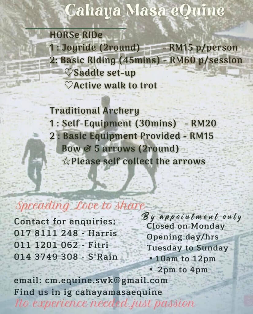 Jom Cuba Rekreasi Menunggang Kuda Dan Memanah Di Cahaya Masa eQuine, Telaga Air, Kuching
