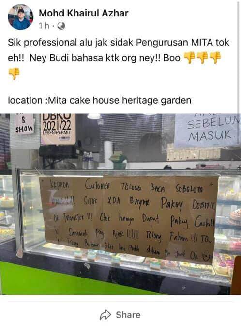 Pekerja Tulis Notis Tak Profesional Di Depan Kedai, Mita Cake House Keluar Kenyataan Mohon Maaf