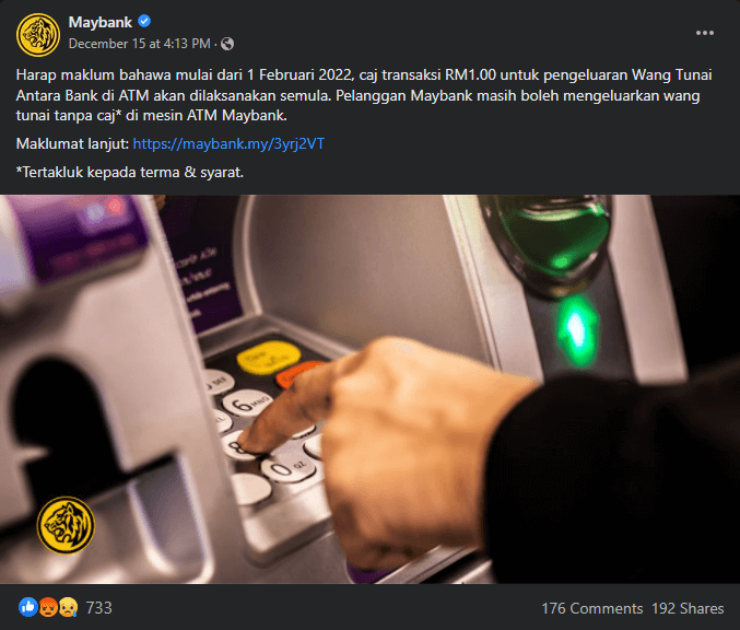 Berkuat Kuasa 1 Februari 2022, Caj Transaksi RM1 Di ATM Bakal Dikenakan Semula Kepada Pelanggan