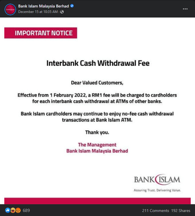 Berkuat Kuasa 1 Februari 2022, Caj Transaksi RM1 Di ATM Bakal Dikenakan Semula Kepada Pelanggan