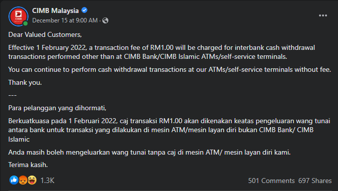 Berkuat Kuasa 1 Februari 2022, Caj Transaksi RM1 Di ATM Bakal Dikenakan Semula Kepada Pelanggan