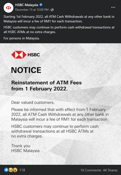 Berkuat Kuasa 1 Februari 2022, Caj Transaksi RM1 Di ATM Bakal Dikenakan Semula Kepada Pelanggan