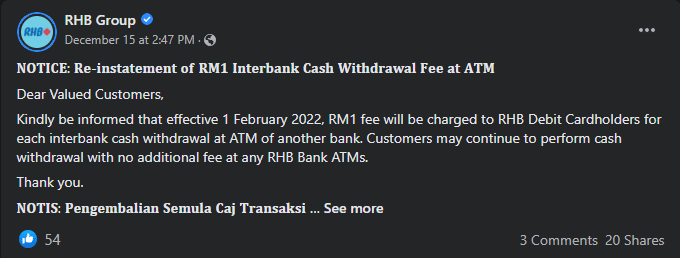 Berkuat Kuasa 1 Februari 2022, Caj Transaksi RM1 Di ATM Bakal Dikenakan Semula Kepada Pelanggan