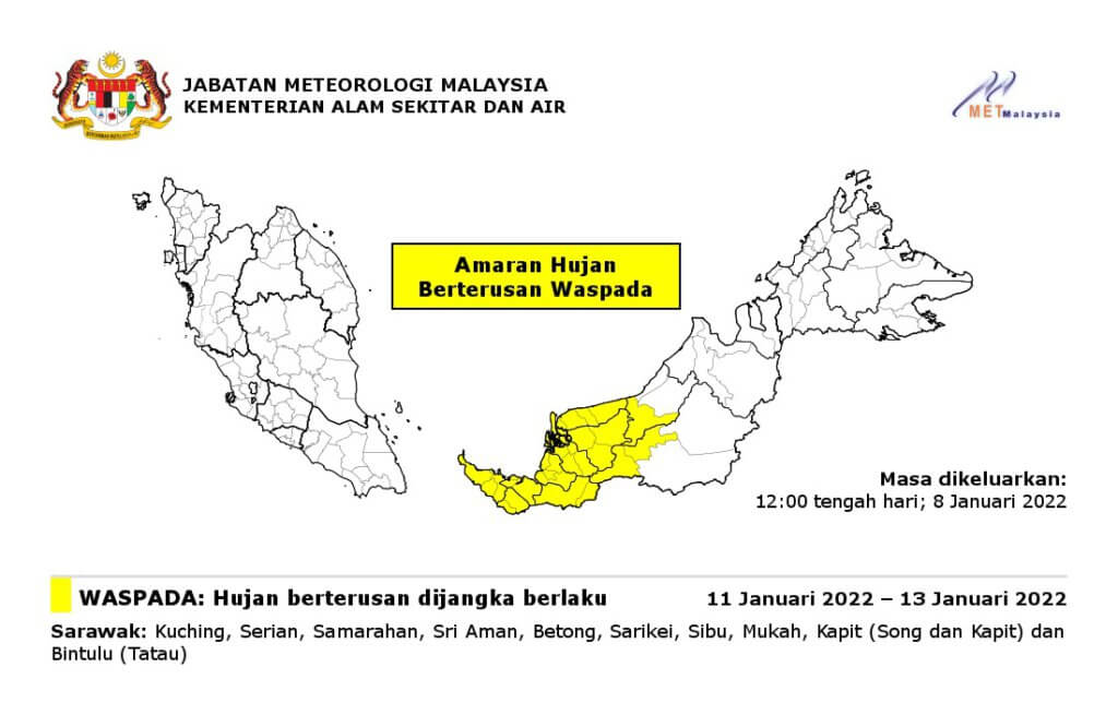 Amaran Untuk 10 Kawasan Di Sarawak, MetMalaysia Ramal Hujan Bakal Berterusan Mulai Selasa Ini