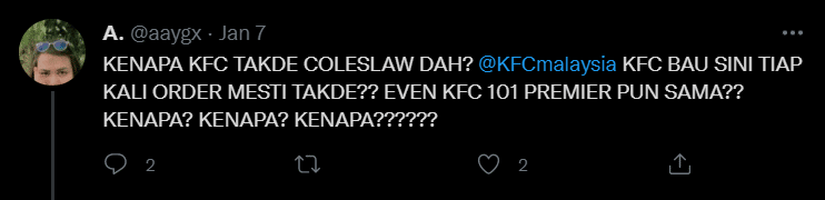 Sedihnya! KFC Tidak Lagi Hidangkan Coleslaw Di Cawangan Tertentu Di Sabah, Sarawak Dan Langkawi