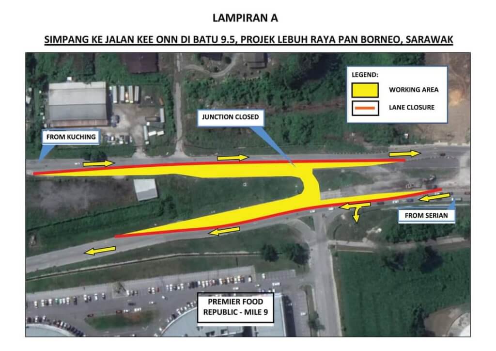 Turapan Lebuh Raya Pan Borneo Giat Dilakukan, Simpang U Turn Dan Sebahagian Laluan Batu 9.5 Ditutup