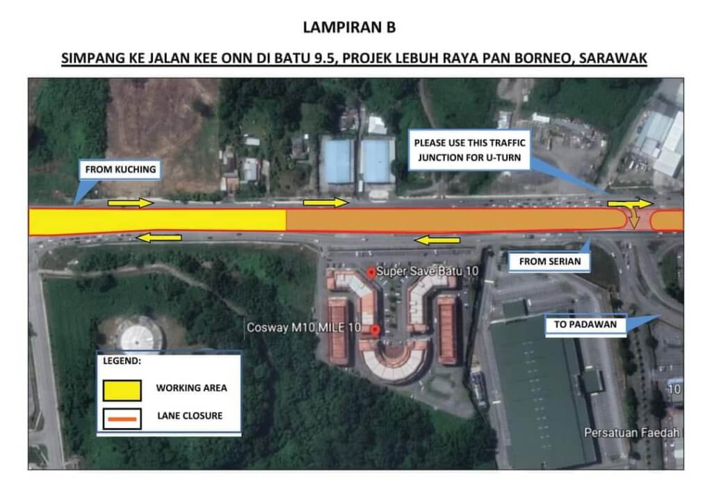 Turapan Lebuh Raya Pan Borneo Giat Dilakukan, Simpang U Turn Dan Sebahagian Laluan Batu 9.5 Ditutup