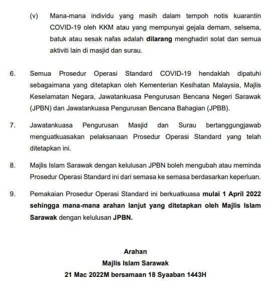 SOP Terbaharu Di Sarawak, Solat Di Masjid Dan Surau Tanpa Penjarakan Fizikal Mula Berkuatkuasa Pada 1 April Ini