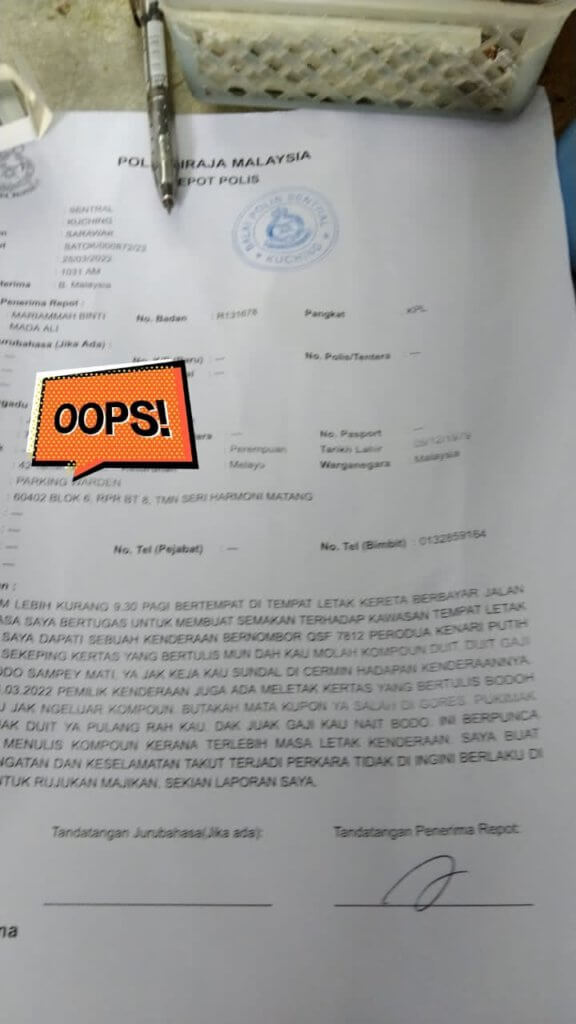 Tak Puas Hati Didenda Kerana Gagal Pamer Kupon 20 Sen, Lelaki Tinggalkan Nota Maki Petugas Parkir Di Kuching