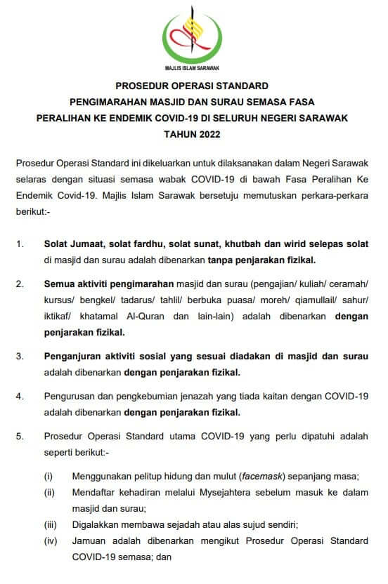 SOP Terbaharu Di Sarawak, Solat Di Masjid Dan Surau Tanpa Penjarakan Fizikal Mula Berkuatkuasa Pada 1 April Ini