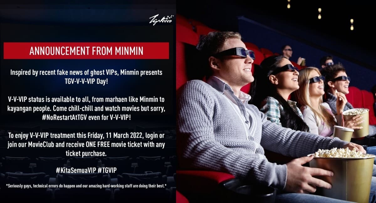 Kini Semua Boleh Jadi VVIP! TGV 'Baik Hati' Beri Tiket Wayang Percuma Jumaat Ini