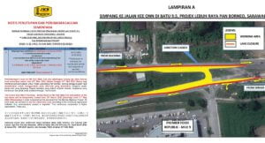Turapan Lebuh Raya Pan Borneo Giat Dilakukan, Simpang U Turn Dan Sebahagian Laluan Batu 9.5 Ditutup