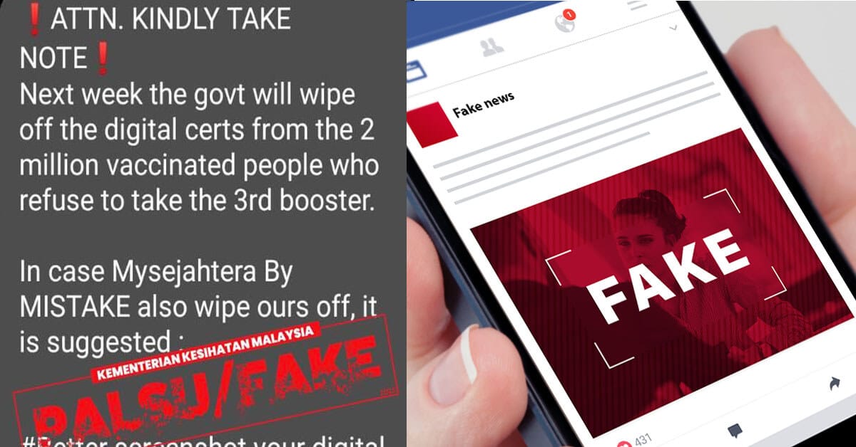 Mesej Tular Kerajaan Akan Padamkan Sijil Digital Orang Divaksin Yang Tolak Booster, KKM Tampil Menyatakan Itu Berita Palsu