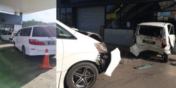 Tengah Isi Minyak Kereta, Kereta Lelaki Ini Dilanggar Sehingga Merempuh Kedai Stesen Minyak