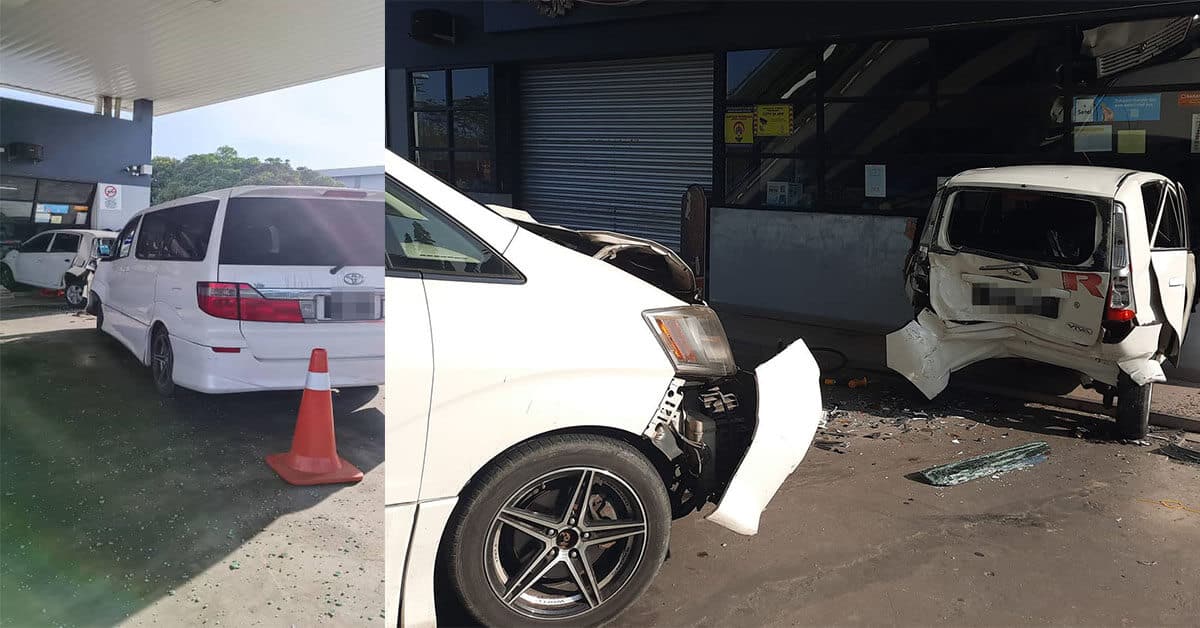 Tengah Isi Minyak Kereta, Kereta Lelaki Ini Dilanggar Sehingga Merempuh Kedai Stesen Minyak