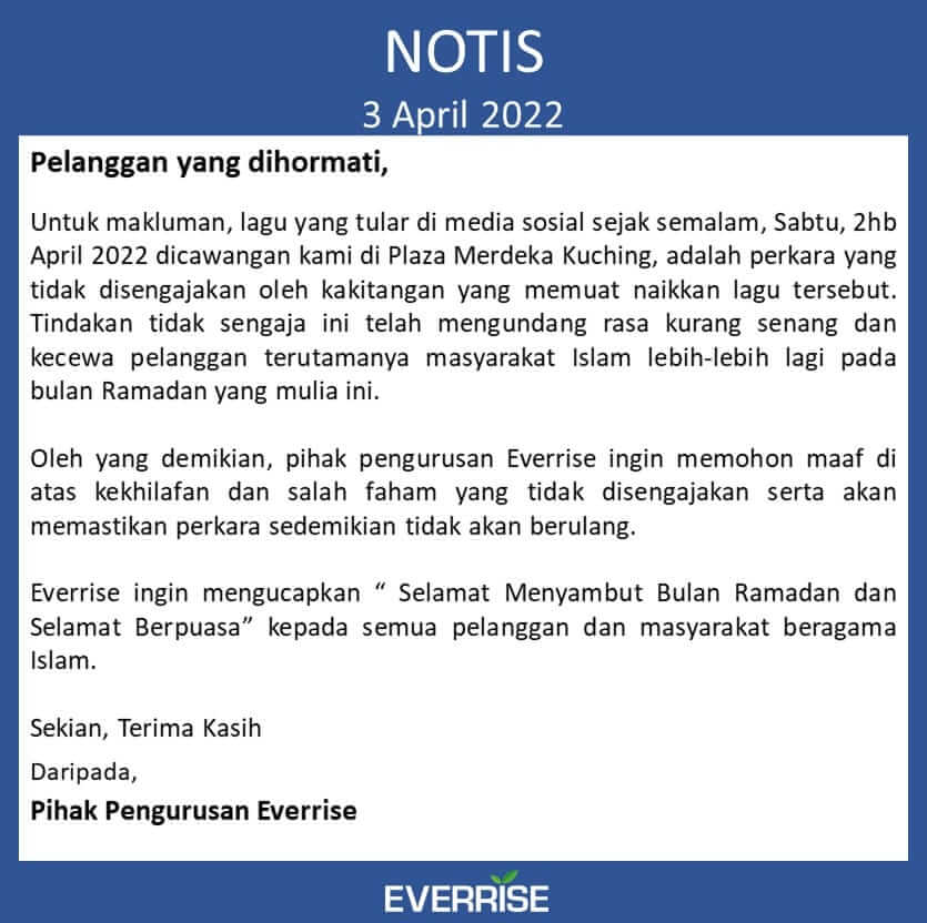 Akui Pekerja Khilaf Semasa Muatnaik Lagu, Pasaraya Everrise Memohon Maaf Atas Kesilapan