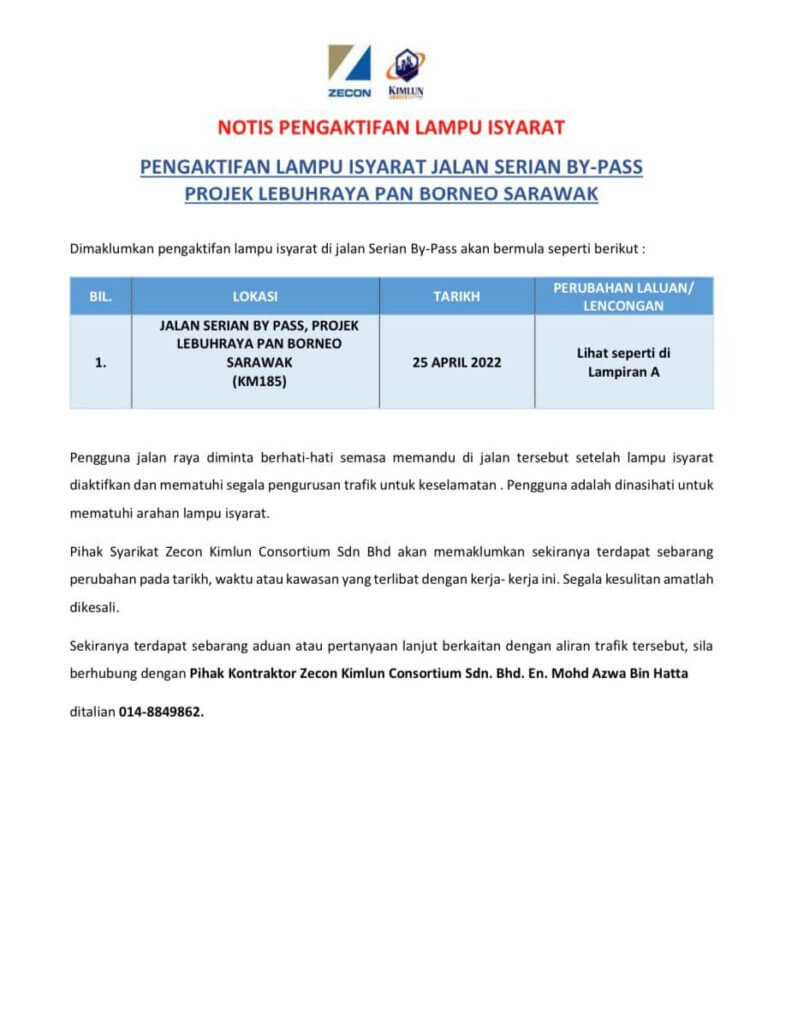 Projek Lebuhraya Pan Borneo, Pengaktifan Lampu Isyarat Di Jalan Serian Mulai Pada 25 April Ini