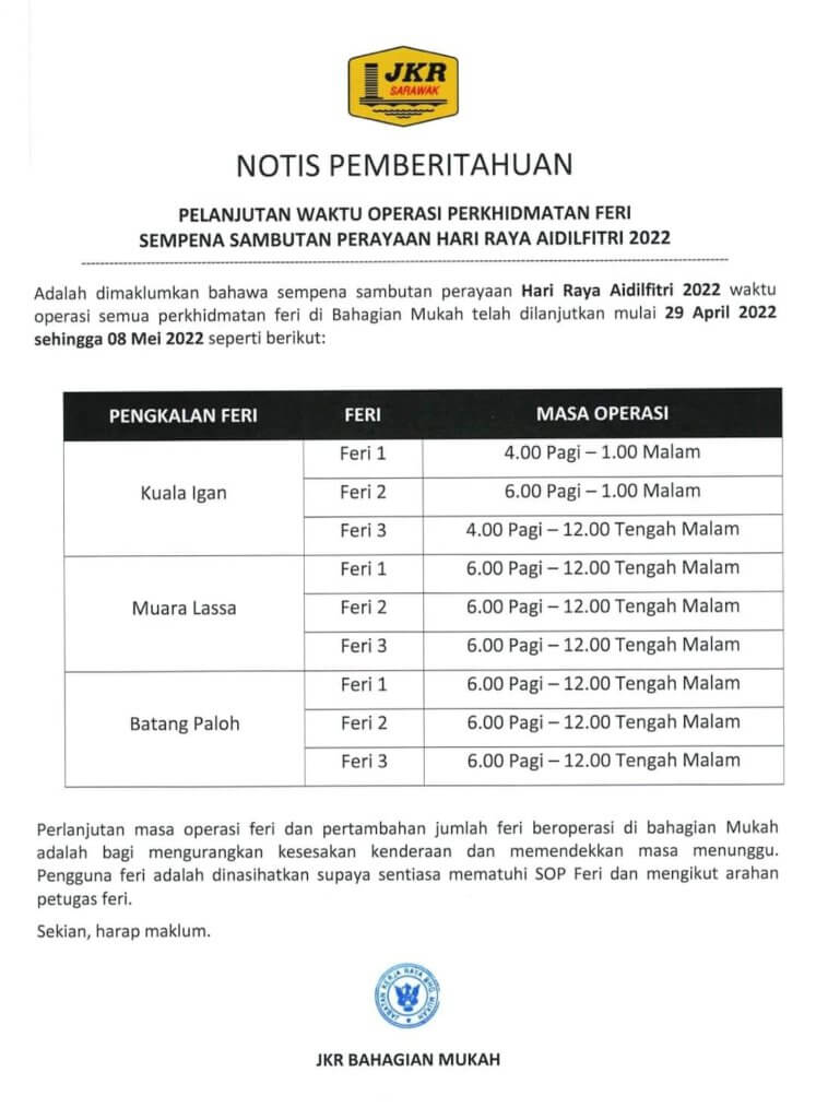 Operasi Feri Di Bahagian Mukah Dilanjutkan Sehingga 1 Pagi Sempena Hari Raya, Ini Jadual Penuh