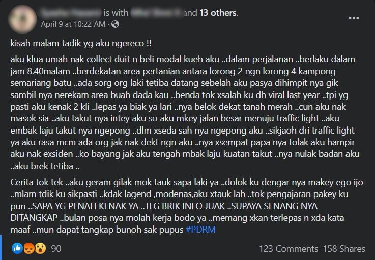 Payudara Tiba-Tiba 'Diterkam' Lelaki Asing Di Semariang Batu, Wanita Ini Beri Amaran Supaya Berhati-Hati