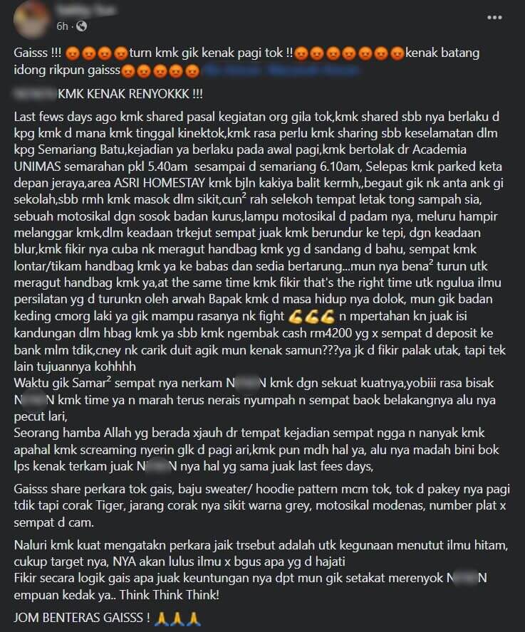 Payudara Tiba-Tiba 'Diterkam' Lelaki Asing Di Semariang Batu, Wanita Ini Beri Amaran Supaya Berhati-Hati