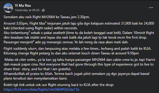 Pesawat MAS Ke Tawau U-Turn Ke KLIA Selepas 30 Minit, Penumpang Ini Kongsi Detik Cemas